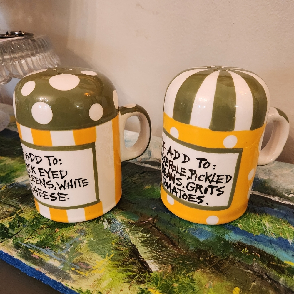 T. Cabells Too Southern Salt & Pepper Shaker Set Ceramic Polka Dot Stripe - Picture 5 of 8
